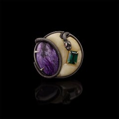 One-of-a-Kind Emerald, Charoite and Amber Snake Ring in Sterling Silver