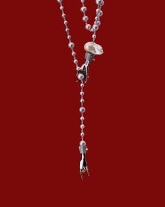 Grey Cultured Pearl Sautoir with Silver Hand Pendants and Gemstones