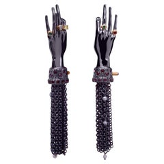 Sterling Silver Hand Chain Tassel Earrings with Sapphires, Diamonds and Pearls