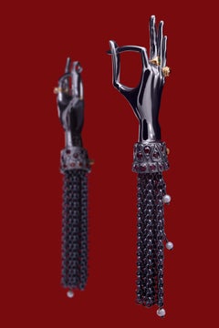 Sterling Silver Hand Chain Tassel Earrings with Sapphires, Diamonds and Pearls