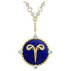 Heavenly Vices 14K Gold Aries Zodiac Pendant with Aquamarine & Lapis