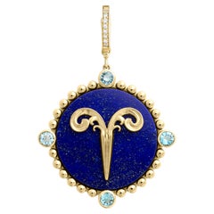 Heavenly Vices 14K Gold Aries Zodiac Pendant with Aquamarine & Lapis