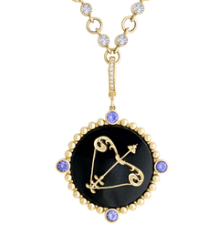 Colgante del signo del zodiaco Sagitario de Heavenly Vices, en oro de 14K, con tanzanita y ónix