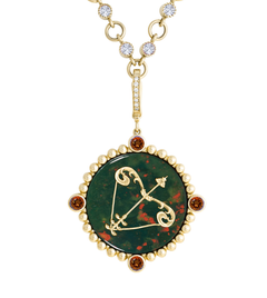 14k Yellow Gold Sagittarius Zodiac Pendant with Madeira Citrine and Bloodstone