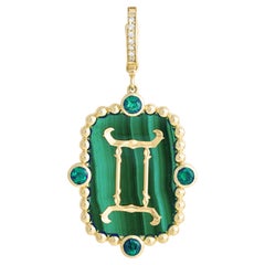14k Yellow Gold Gemini Zodiac Pendant with Emerald and Malachite