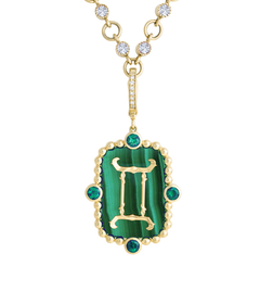 14k Yellow Gold Gemini Zodiac Pendant with Emerald and Malachite