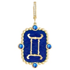 14k Yellow Gold Gemini Zodiac Pendant with Moonstone and Lapis