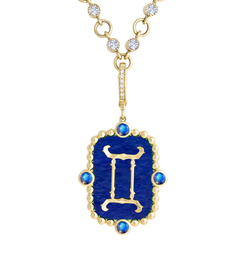 14k Yellow Gold Gemini Zodiac Pendant with Moonstone and Lapis