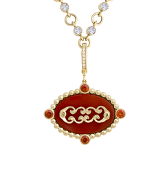 Ciondolo zodiacale dell’Acquario in oro 14K della collezione “Heavenly Vices”, con granato spessarite e corniola