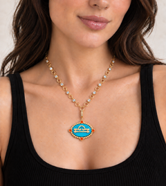 14k Yellow Gold Libra Zodiac Pendant with Opal and Lapis, Celestial Stories