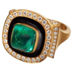 Nocturne Ring with Sugar Loaf Colombian Emerald, Diamonds and Enamel