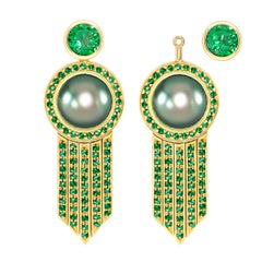 Ana De Costa 18k Yellow Gold Tahitian Pearl Tsavorite Art Deco Style Earrings