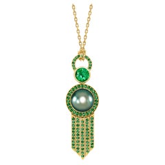 Ana De Costa 18K Yellow Gold Tahitian Pearl Tsavorite Art Deco Style Pendant