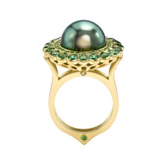 Ana de Costa 18K Yellow Gold Tahitian Pearl Tsavorite Contemporary Cocktail Ring