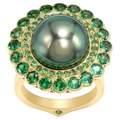 Ana de Costa 18K Yellow Gold Tahitian Pearl Tsavorite Contemporary Cocktail Ring