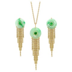 Ana De Costa 18K Yellow Gold Art Deco Style Jade Tsavorite Earring & Pendant Set