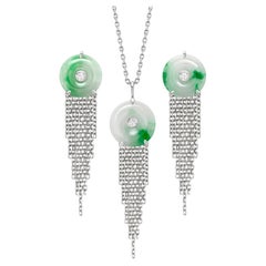 Ana De Costa 18K White Gold Art Deco Style Jade Diamond Earring & Pendant Set