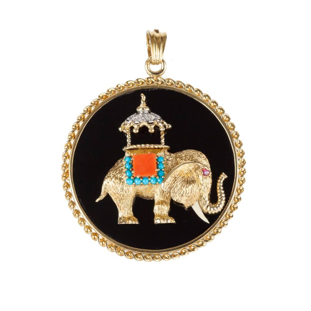 1960s Coral Diamond Onyx Turquoise Gold Elephant Pendant