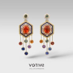 Pendientes de oro de 18 quilates con ópalo de fuego de 4,50 quilates, zafiros multicolores y diamantes