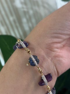 64.66 Carat Uncut Blue Sapphire Diamond 18K Yellow Gold Bracelet