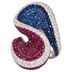 HRD Antwerp Certified Ruby Sapphire and Diamond 18K White Gold Sculptural Ring
