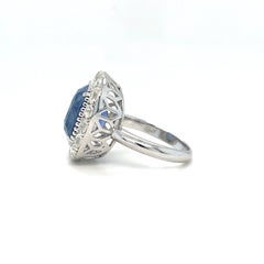 9.02ct Unheated Ceylon Sapphire With 3ctw old mine cut diamonds 18kt white gold