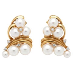 Boucles d'oreilles Mikimoto en or jaune 18 carats, avec perles Akoya et diamants