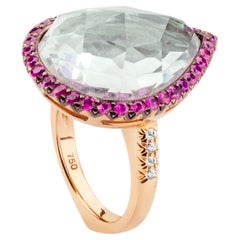 Anello da cocktail in oro giallo con rodolo, quarzo rosa, topazio rosa, diamanti e Rodney Rayner Pear