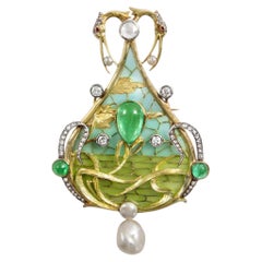 Broche Art nouveau avec émeraudes, perles, diamants et émail, Paris, vers 1900