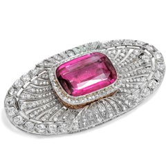 Antike Art-Déco-Brosche mit einem rosa Turmalin und Diamanten, um 1930
