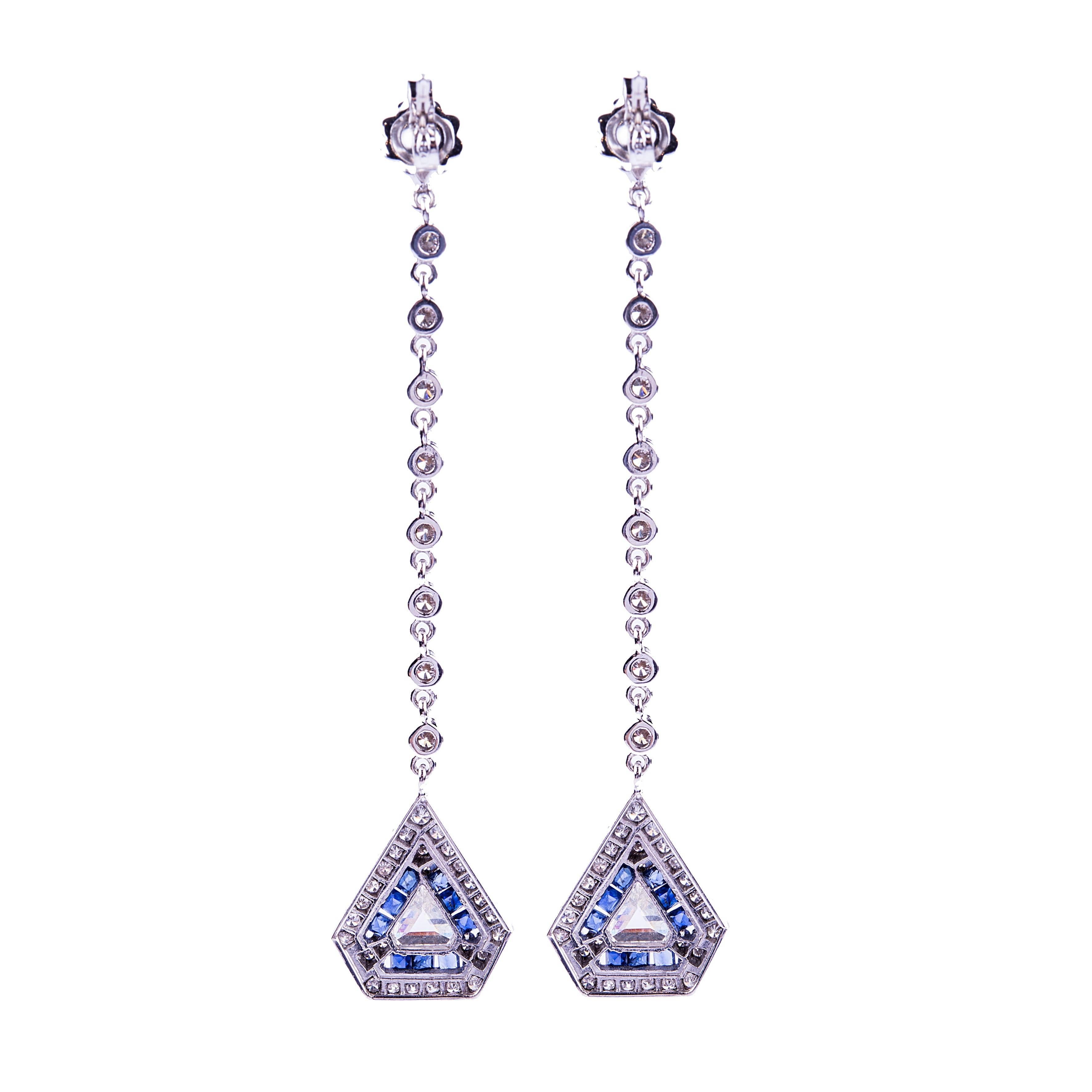 Art Deco Diamond and Sapphire Pendant Earrings  For Sale