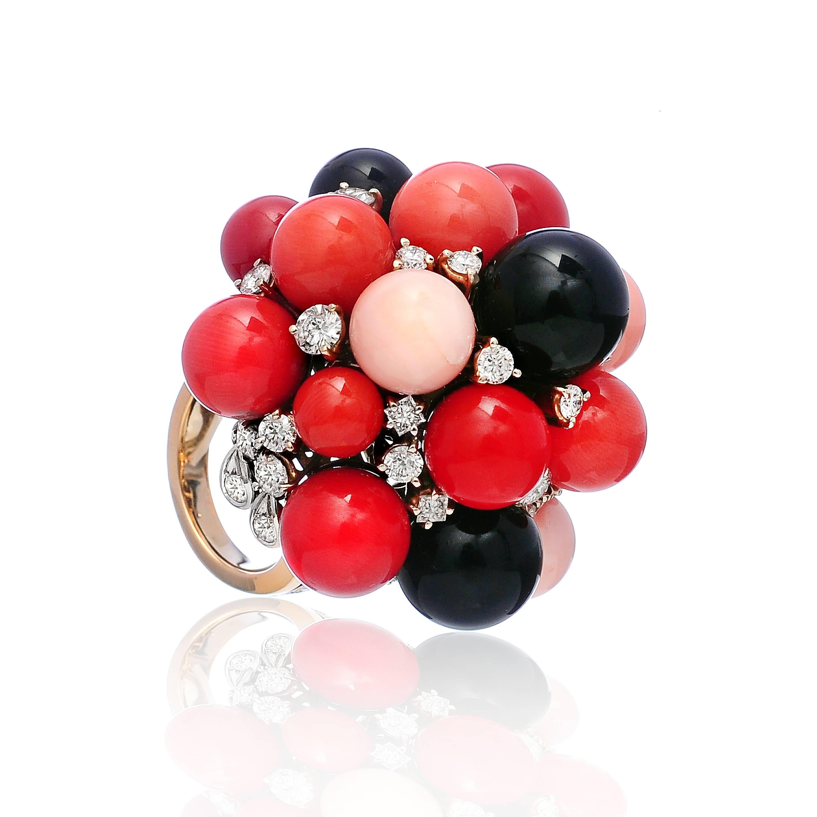 White and yellow 18k gold, Coral, Black Jade and Diamond Ring from the 50th. Unique piece.
