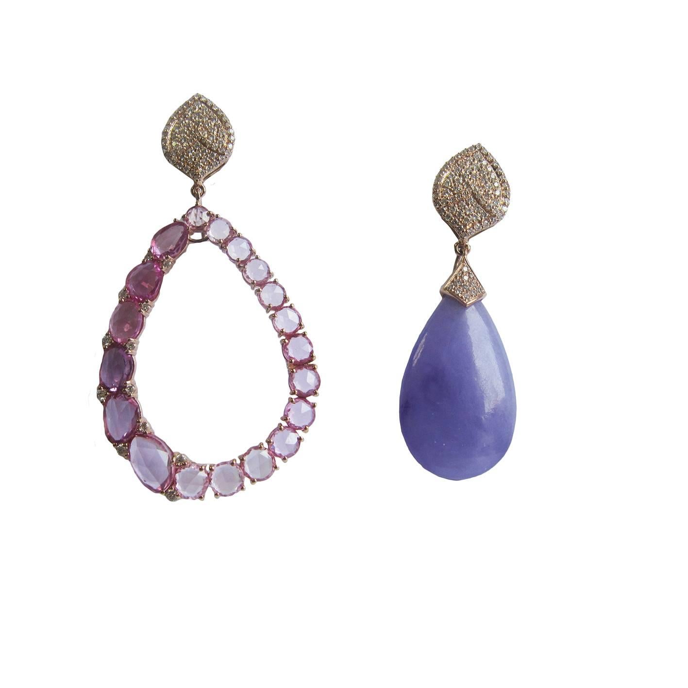 Custom Rainbow Earrings, Irregular and Round Sapphires 
Pink Sapphires: 18.80 ct
Diamonds: 1.55 ct
Lavande Jade Drops