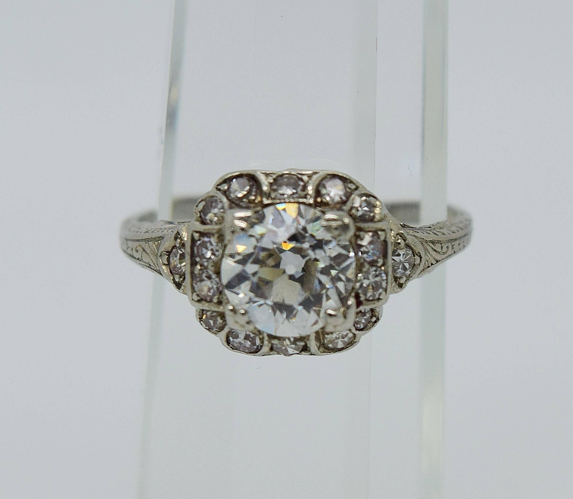 Art Deco Old European Cut Diamond Platinum Engagement Ring  In Excellent Condition For Sale In Chicago, IL