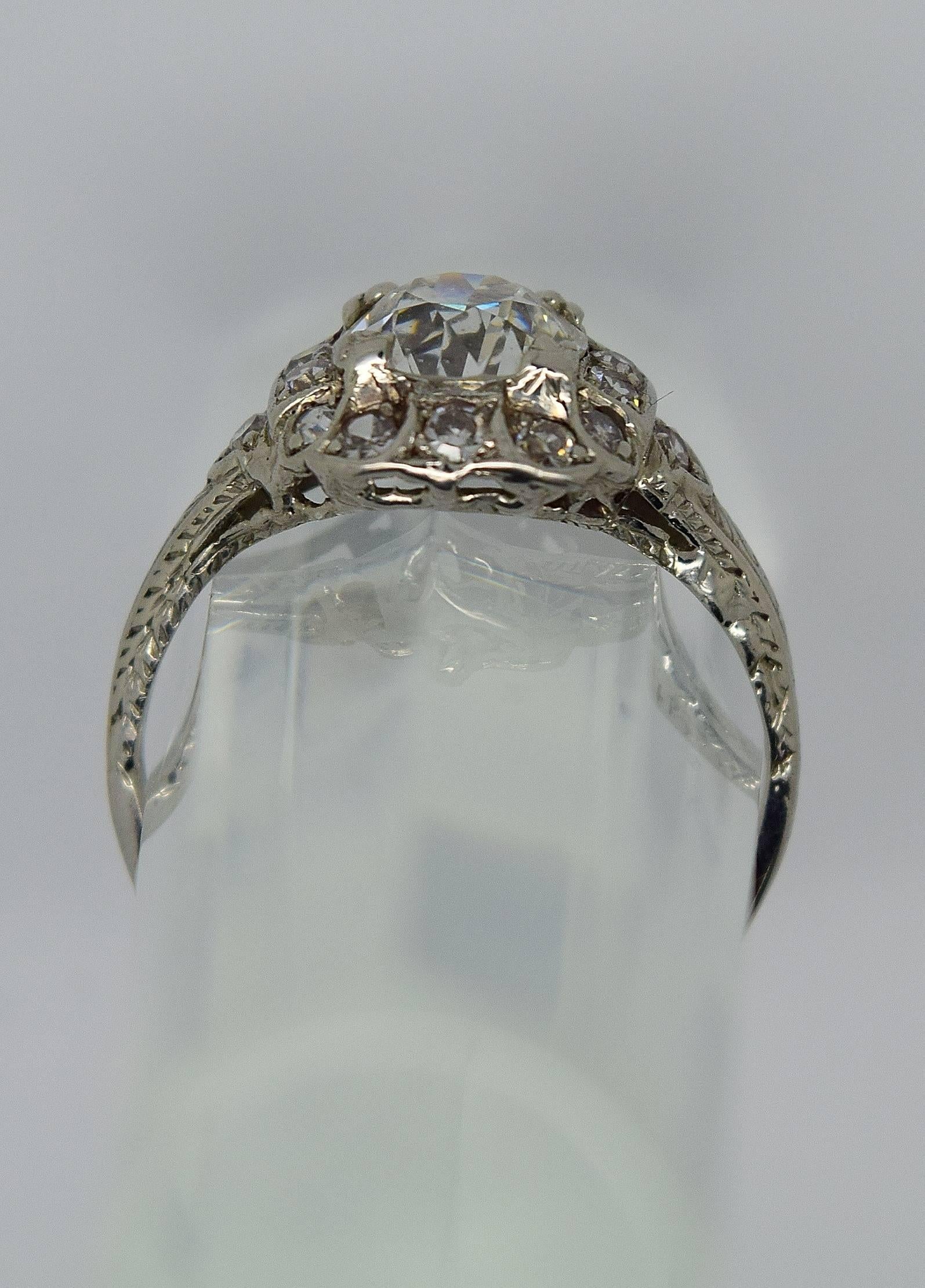 Women's Art Deco Old European Cut Diamond Platinum Engagement Ring  For Sale