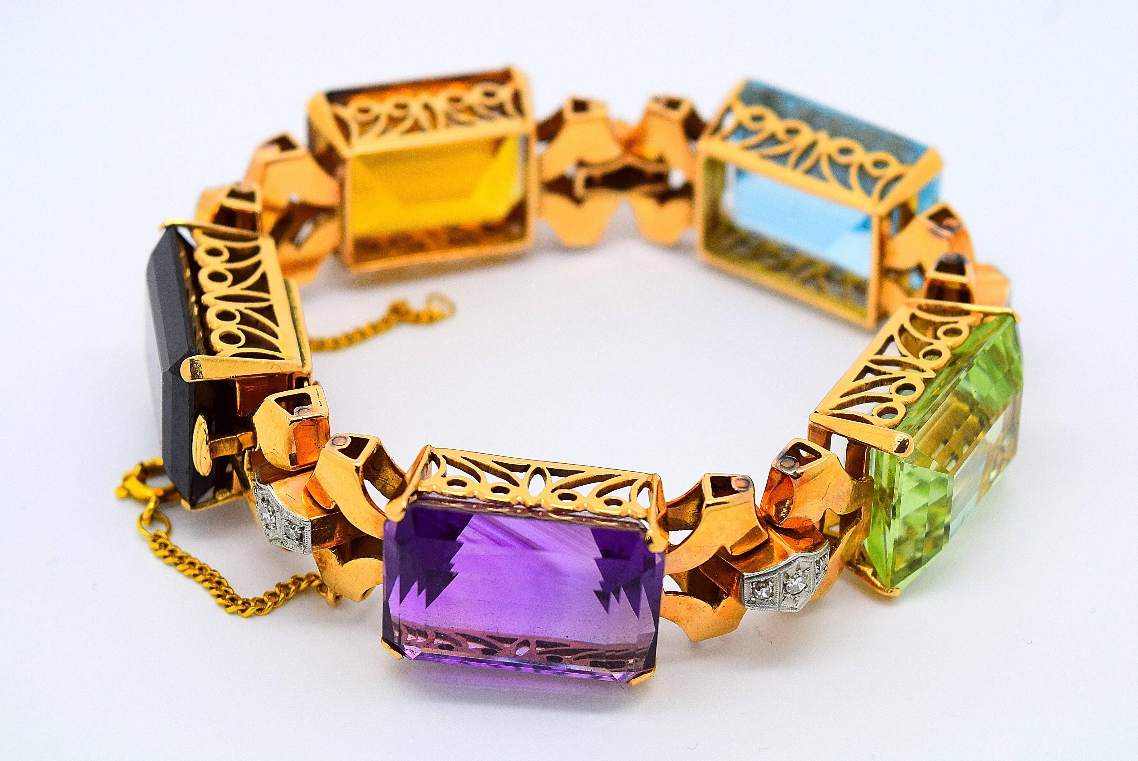 Retro 1940s Large Colored Gemstone Diamond Gold Bracelet In Excellent Condition For Sale In Chicago, IL