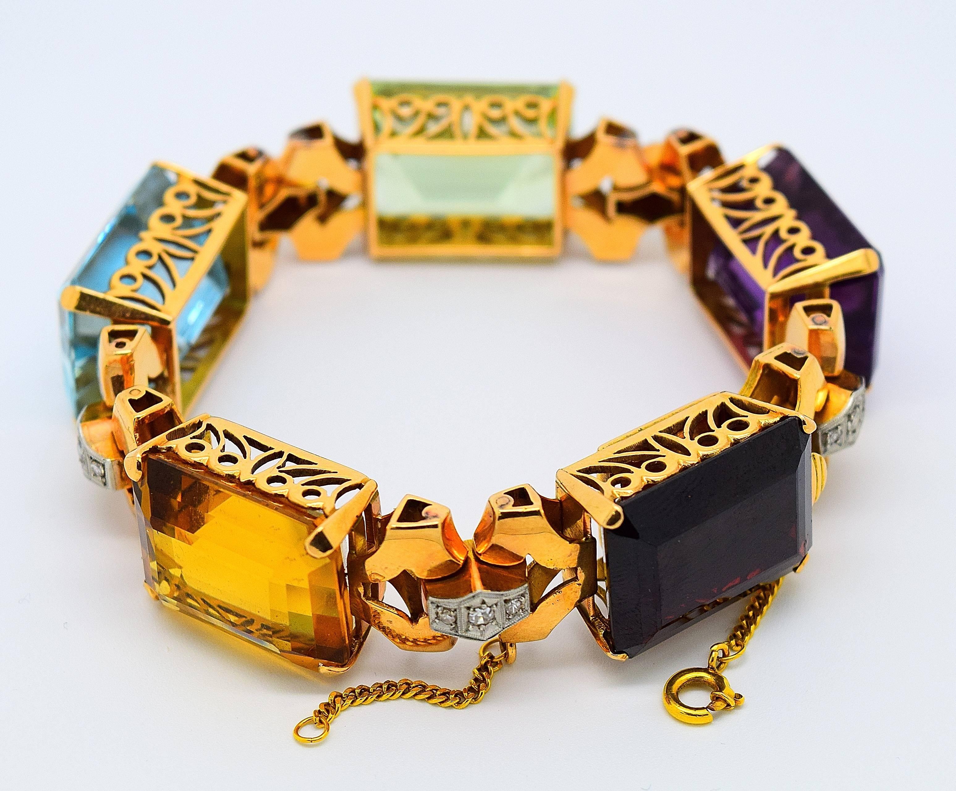 Women's Retro 1940s Large Colored Gemstone Diamond Gold Bracelet For Sale