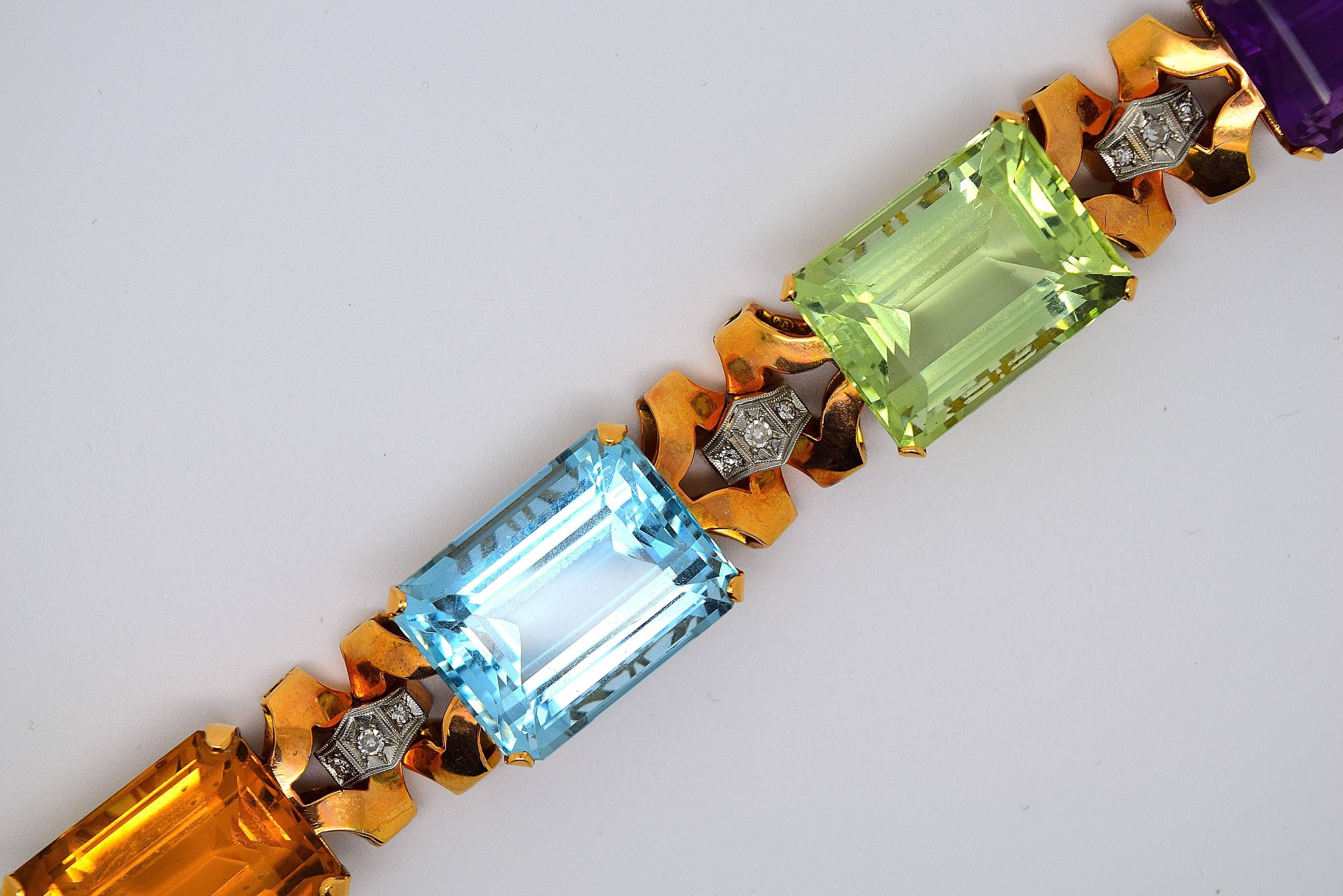 Retro 1940s Large Colored Gemstone Diamond Gold Bracelet For Sale 1