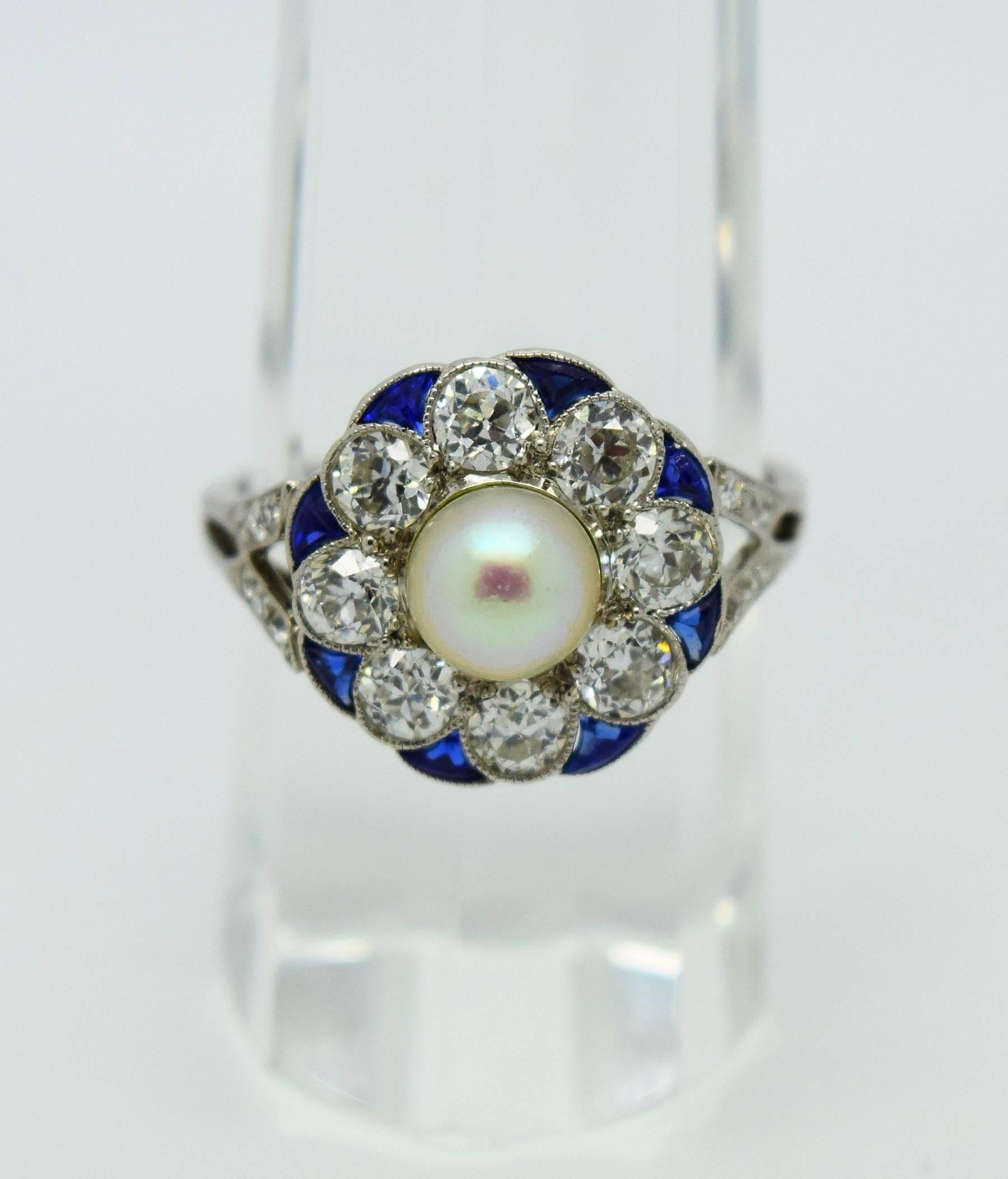 Exquisite Art Deco Diamond Sapphire Pearl  Ring In Excellent Condition For Sale In Chicago, IL