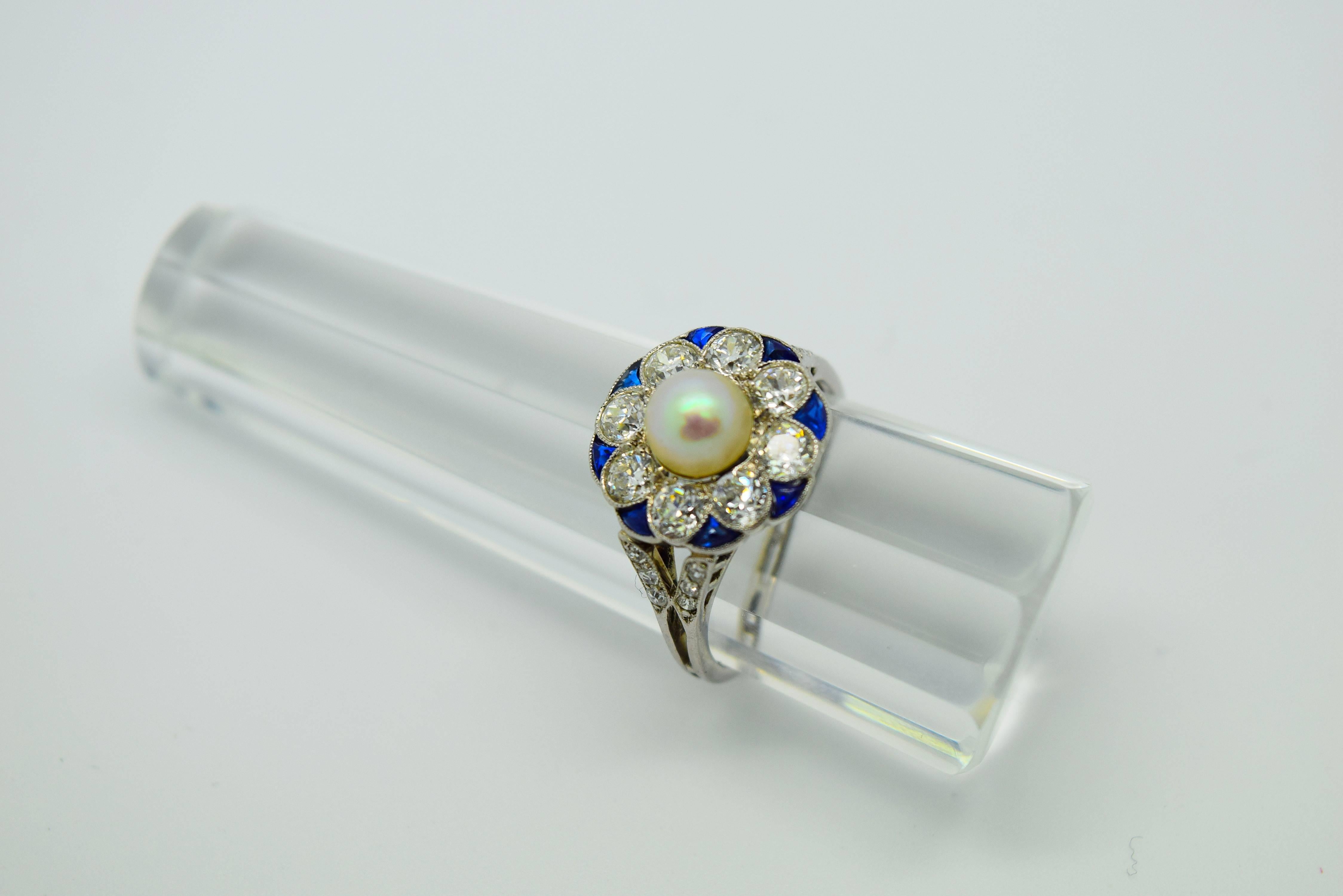 Women's Exquisite Art Deco Diamond Sapphire Pearl  Ring For Sale