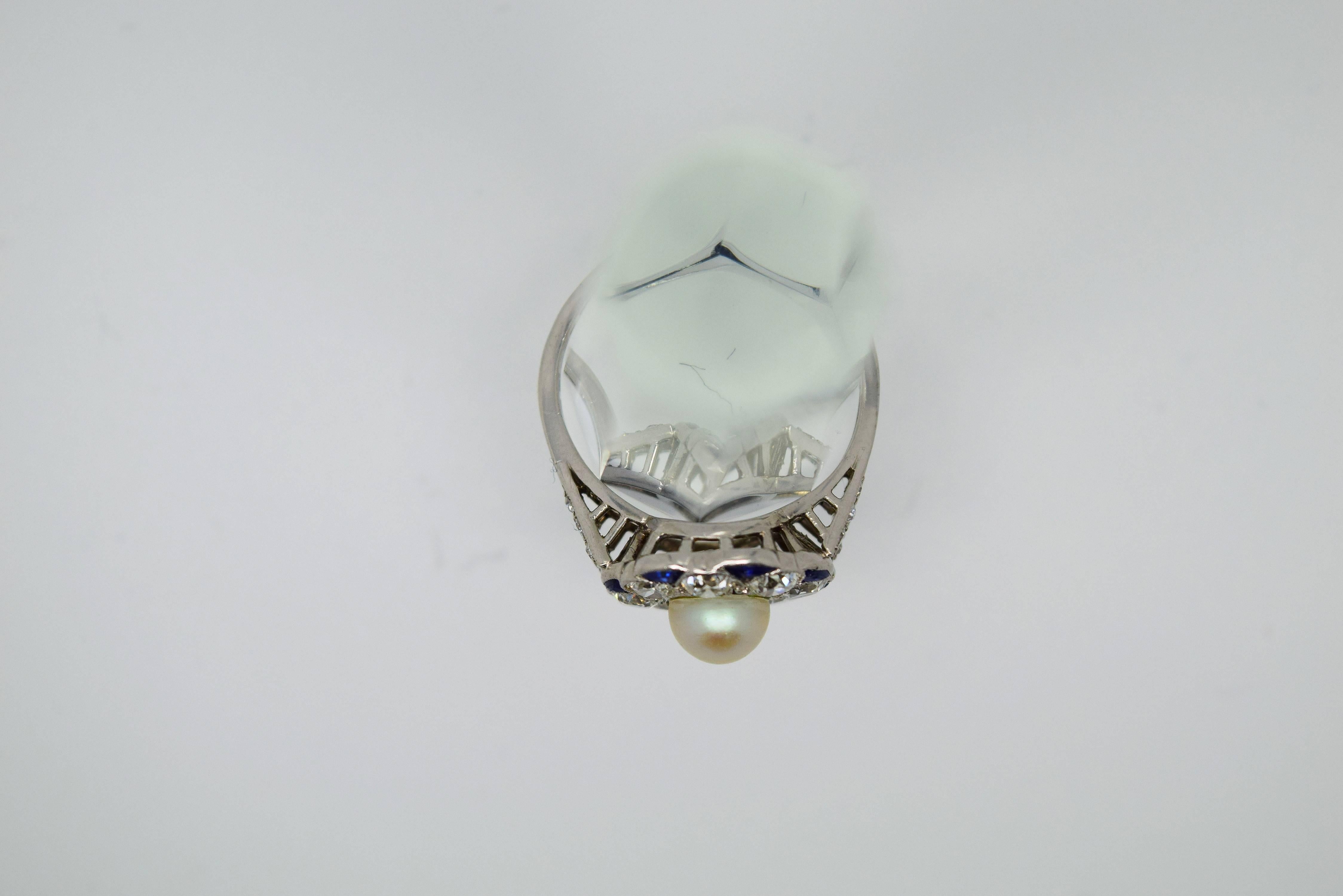 Exquisite Art Deco Diamond Sapphire Pearl  Ring For Sale 1