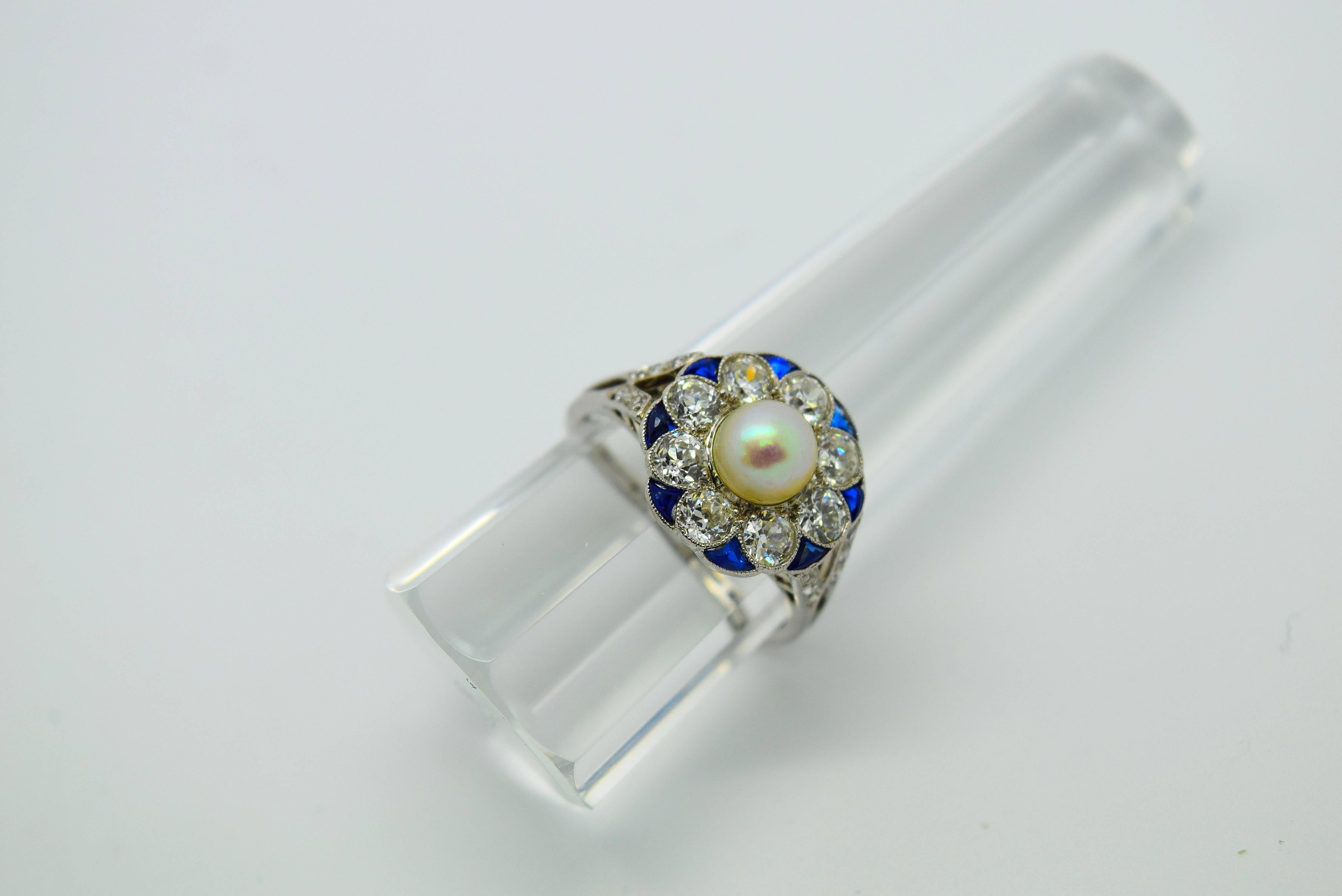 Exquisite Art Deco Diamond Sapphire Pearl  Ring For Sale 2