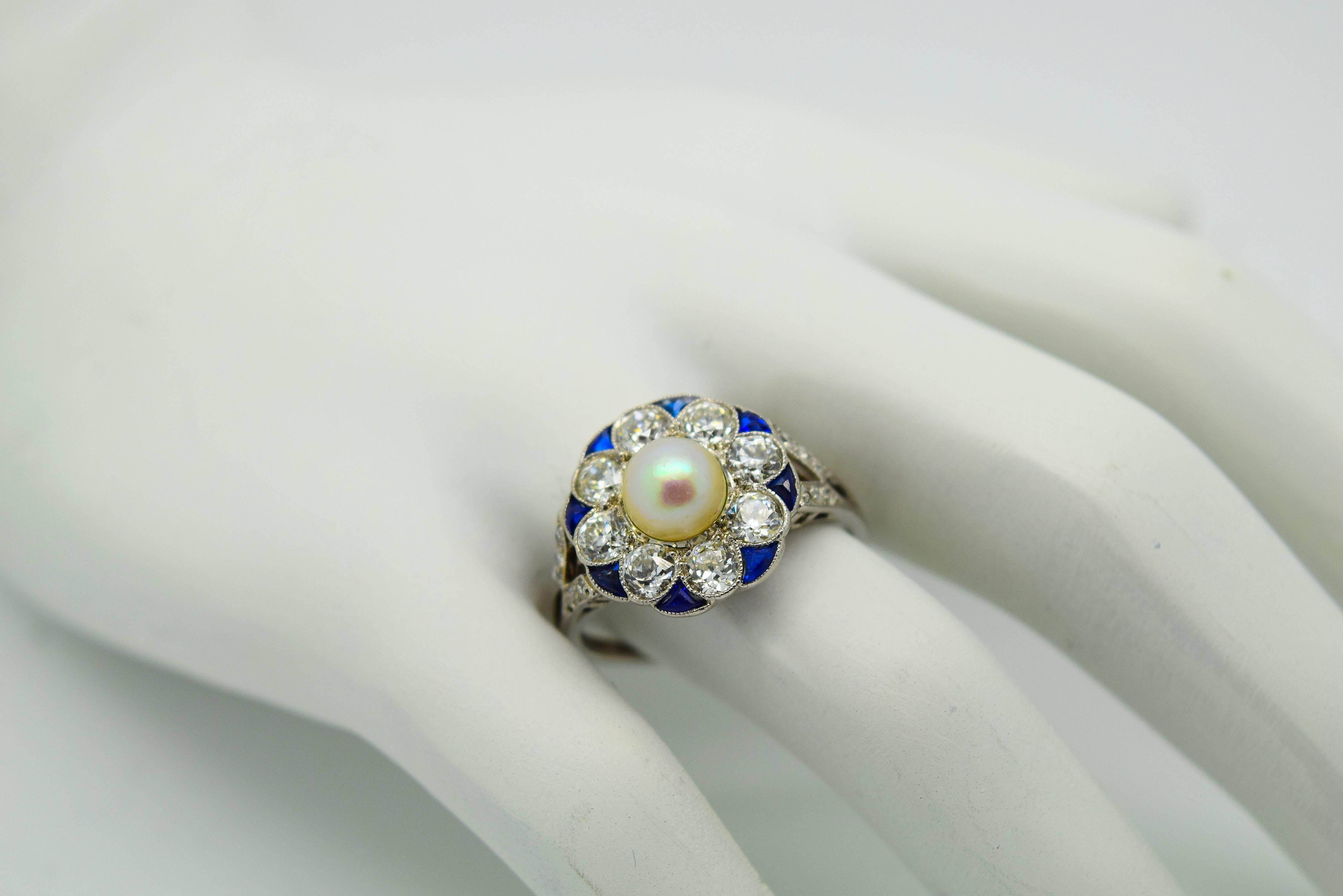 Exquisite Art Deco Diamond Sapphire Pearl  Ring For Sale 3
