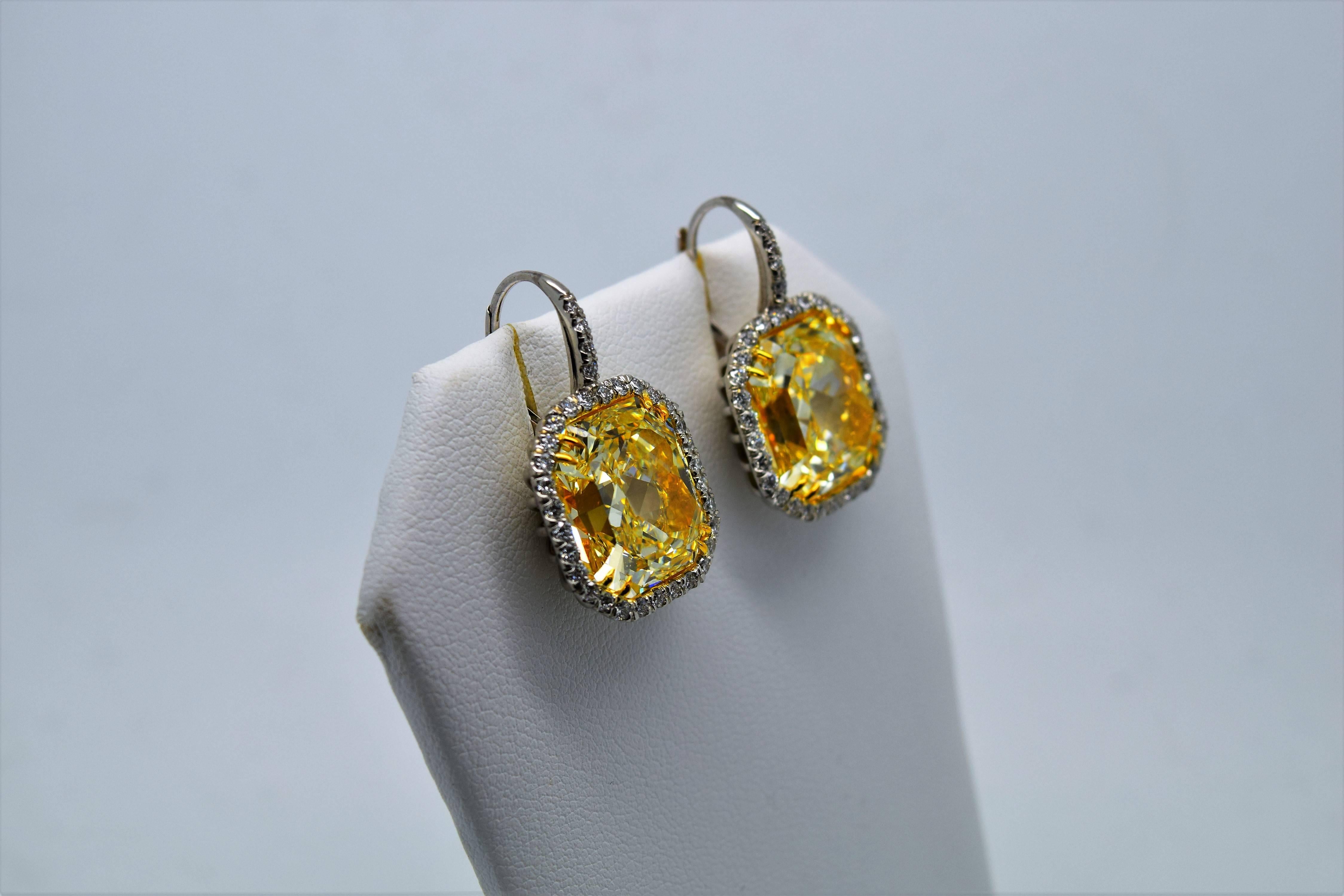 Contemporary Important 24.33 Carats GIA Cert Fancy Yellow Radiant Cut Diamonds Earrings
