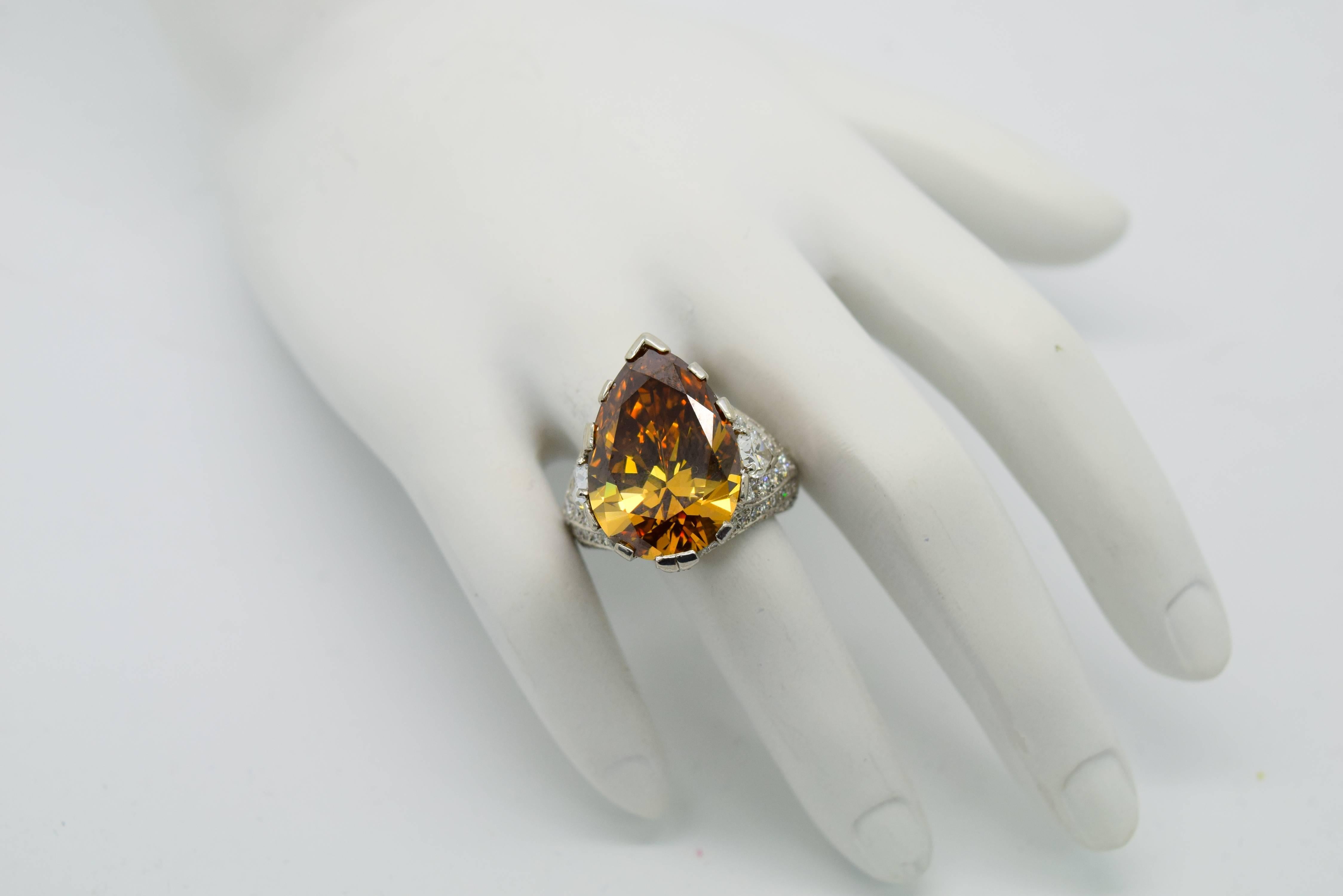Extraordinary GIA 10.75 carat Fancy Brown Pear Shape Diamond Cocktail Ring For Sale 1
