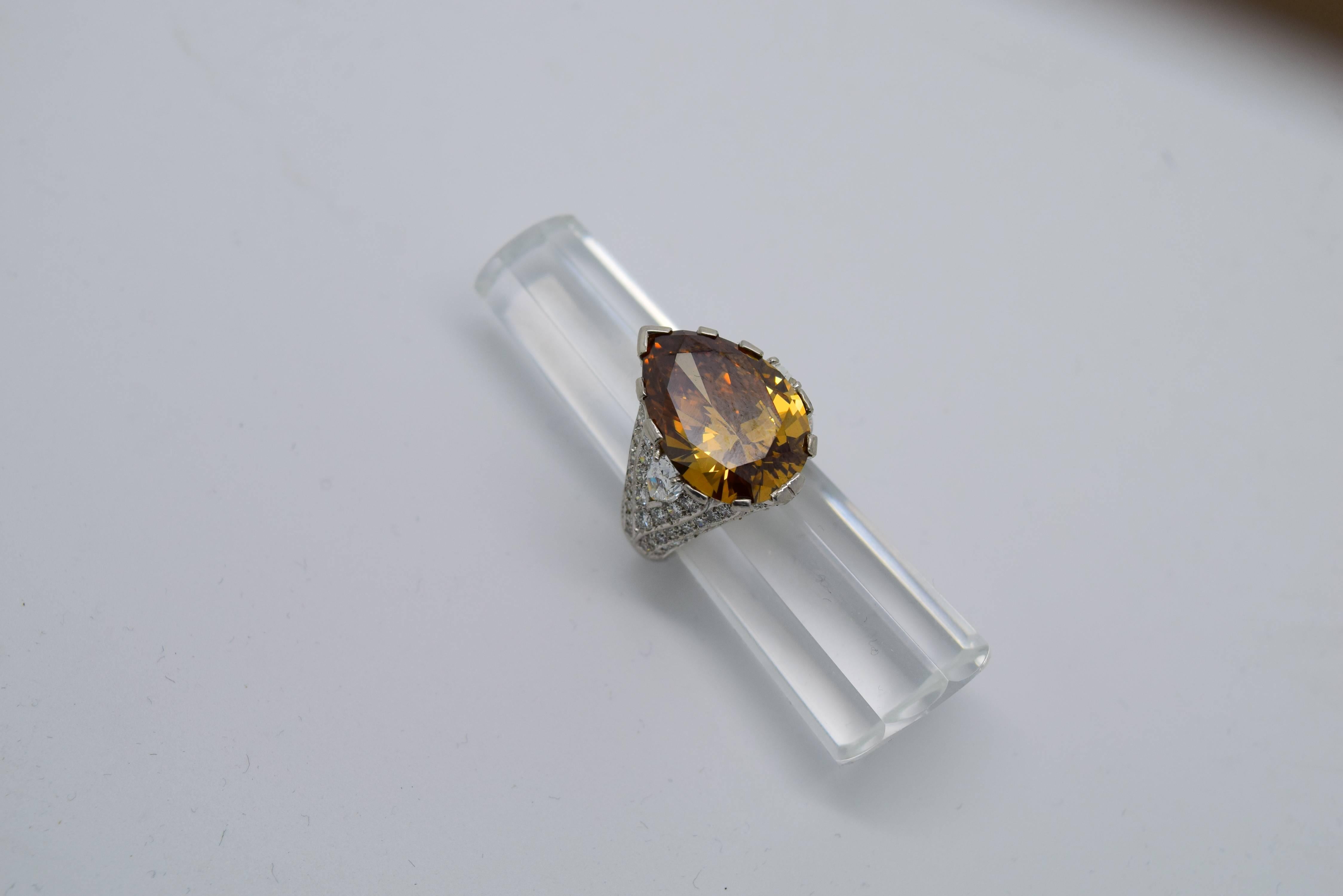 Extraordinary GIA 10.75 carat Fancy Brown Pear Shape Diamond Cocktail Ring For Sale 2