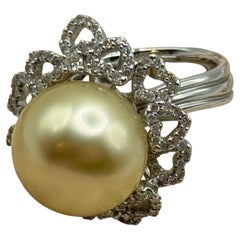 Vintage 18K White Gold 15mm Golden Tahitian Pearl and Diamond Ring