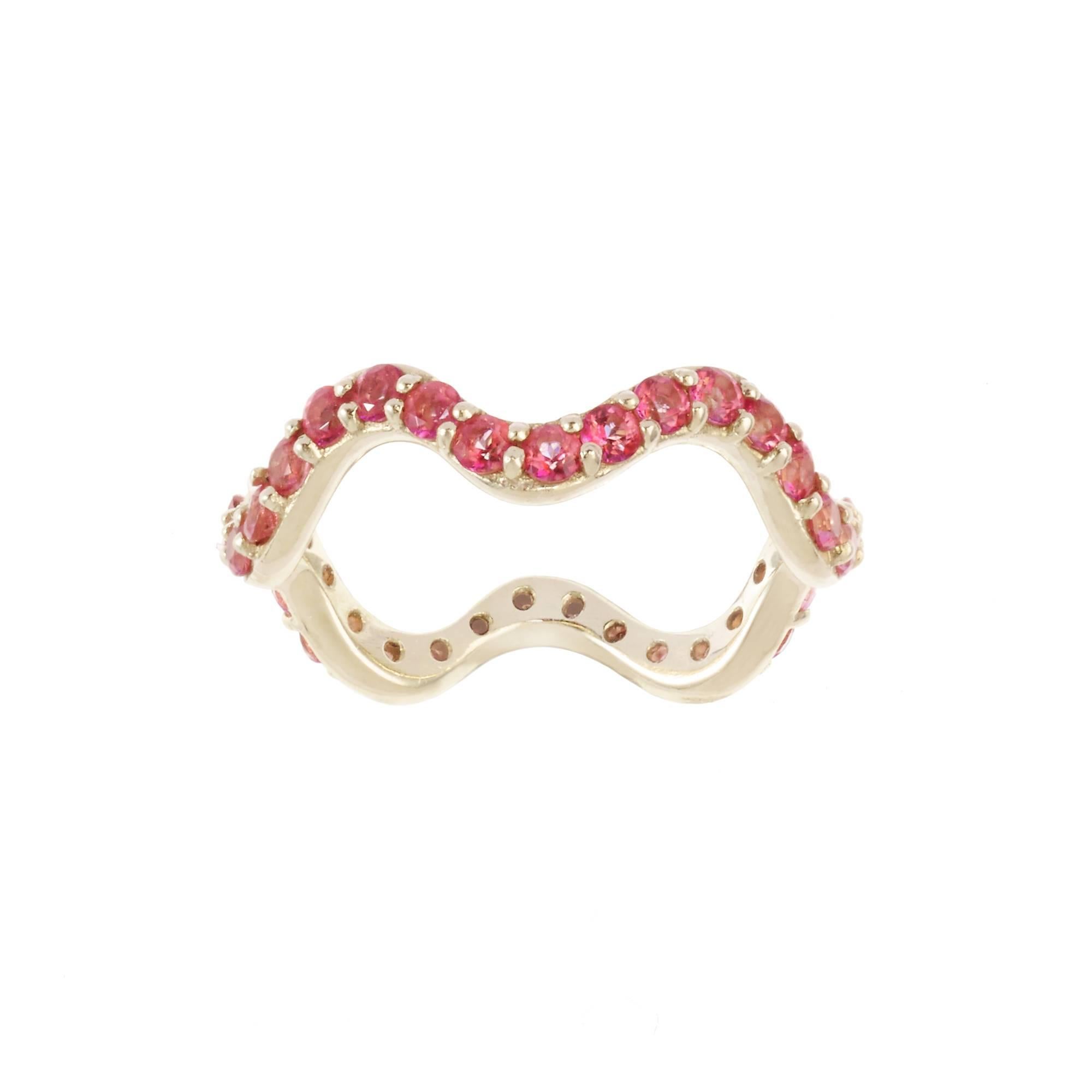 *MADE TO ORDER - 5 WEEK LEAD TIME*

Sabine Getty wiggly pink band ring in 18k yellow gold set with pink topaz

Topaz: 1.32ct

Yellow, pink, green and blue. Four colours inspired by the Memphis Group, the kookiest of Made in Italy designers,