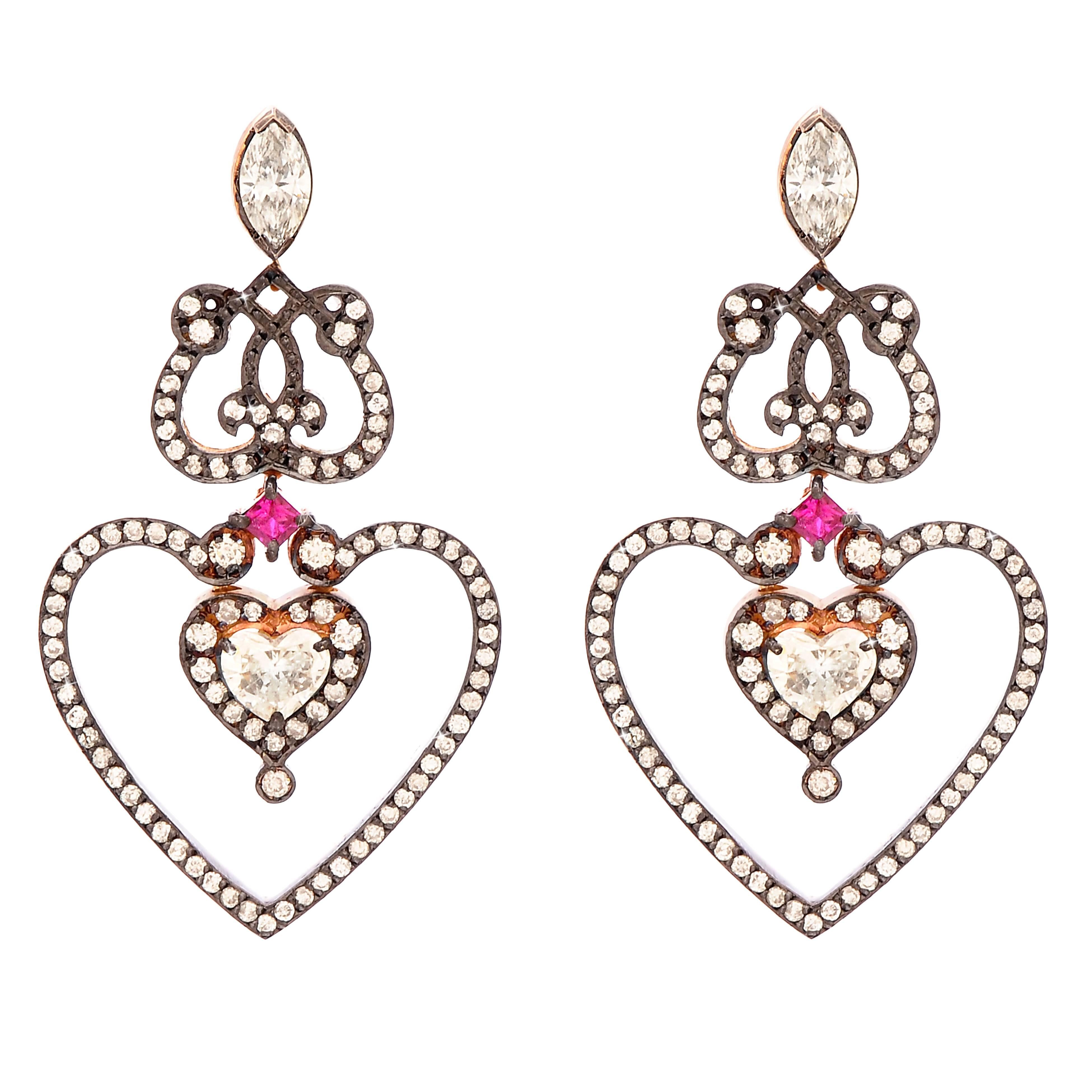 Sabine Getty Ruby Diamond Gold "Heart" Earrings For Sale