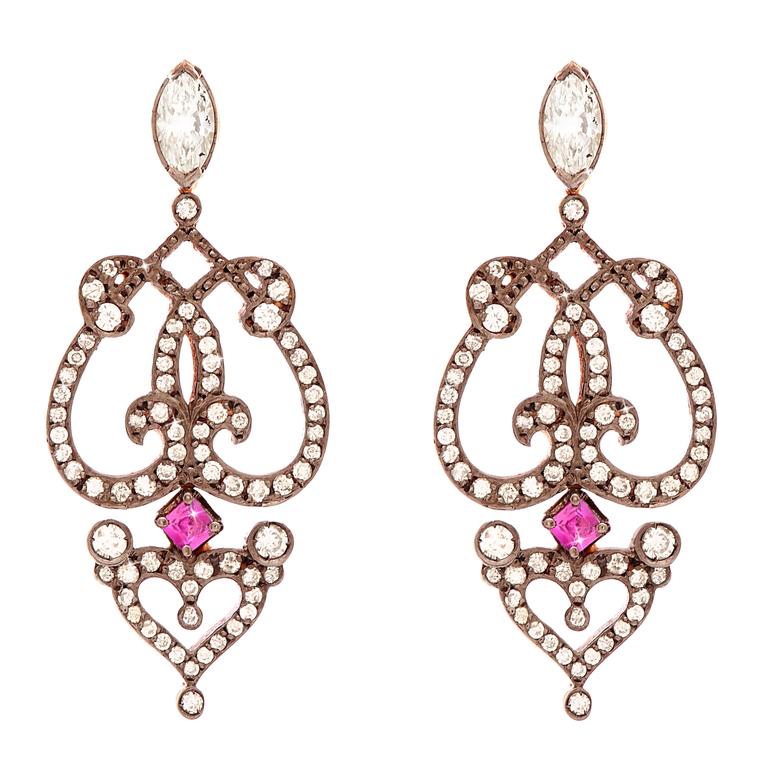 Sabine Getty Ruby Diamond Gold "Marquise" Earrings For Sale